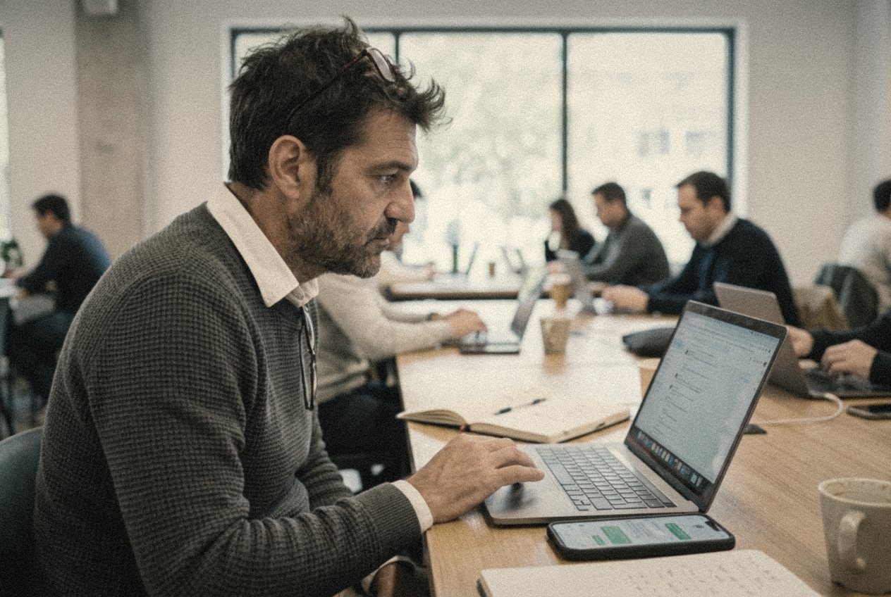 En Dani construint una eina a l'ordinador, amb la llibreta i el mòbil al costat
